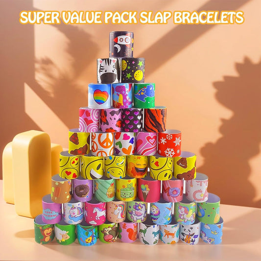 60 PCS Slap Bracelets for Kids, Christmas Gifts Colorful Bulk Wristbands with Galaxy, Dinosaurs, Donut, Valentine's Day, Easter, Halloween Party Favor, Birthday Gifts, Goodies Bag Fillers