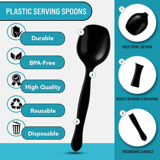 10" Black Plastic Serving Spoons for Buffet, Bulk 12 Count, Heavy Duty Disposable Spoon, Large Plastic Serving Utensils for Catering Supplies, Events, Party, Weddings & More - C&S Event Supply Co.