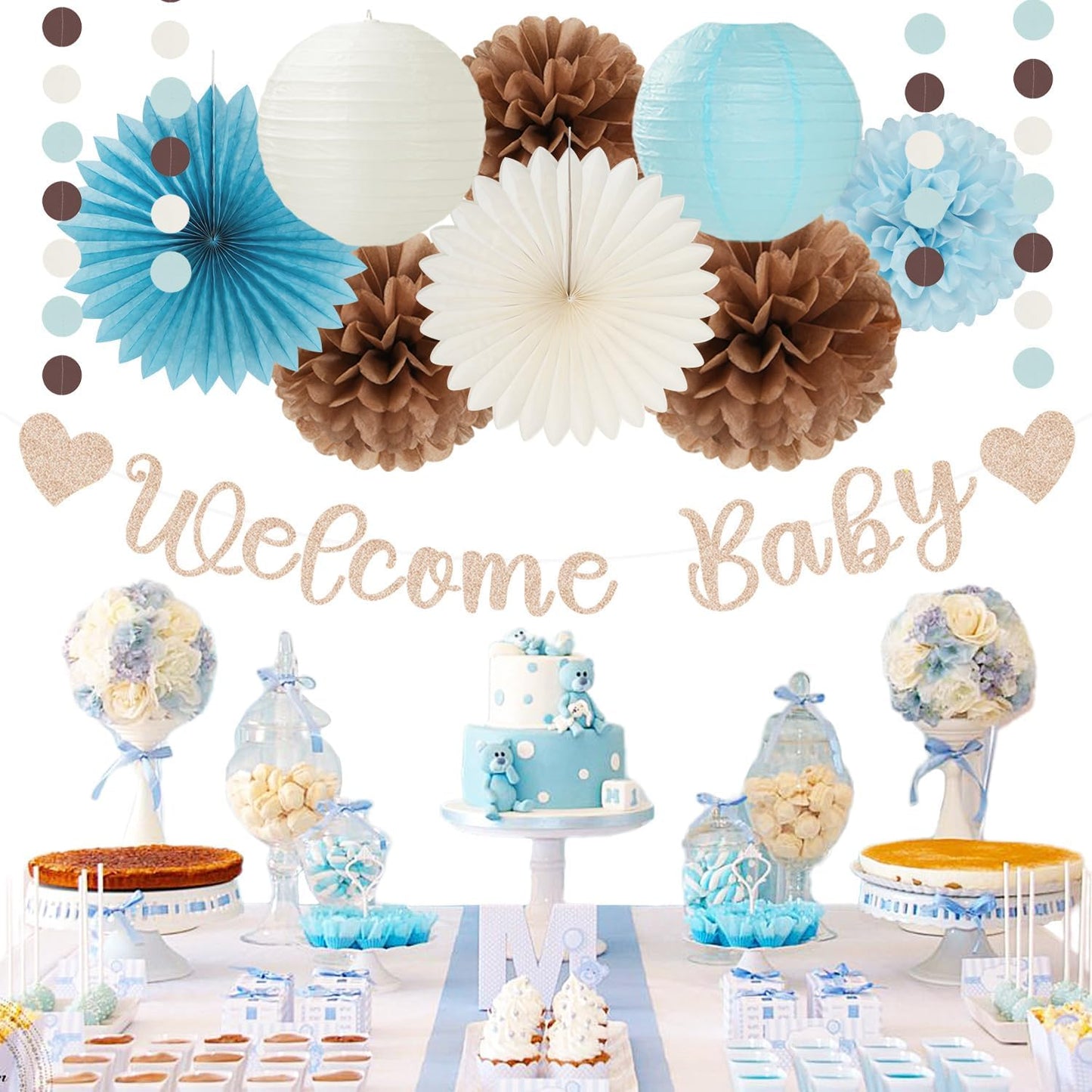 2026 Blue Class-Congratulations Prom Graduation Party-Decorations - 22pcs High School College Grad Supplies Decor,Royal Navy White Silver Tissue Pom Poms Streamers, Paper Flowers Lanterns Hugmoon