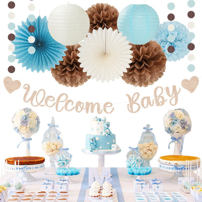2026 Blue Class-Congratulations Prom Graduation Party-Decorations - 22pcs High School College Grad Supplies Decor,Royal Navy White Silver Tissue Pom Poms Streamers, Paper Flowers Lanterns Hugmoon