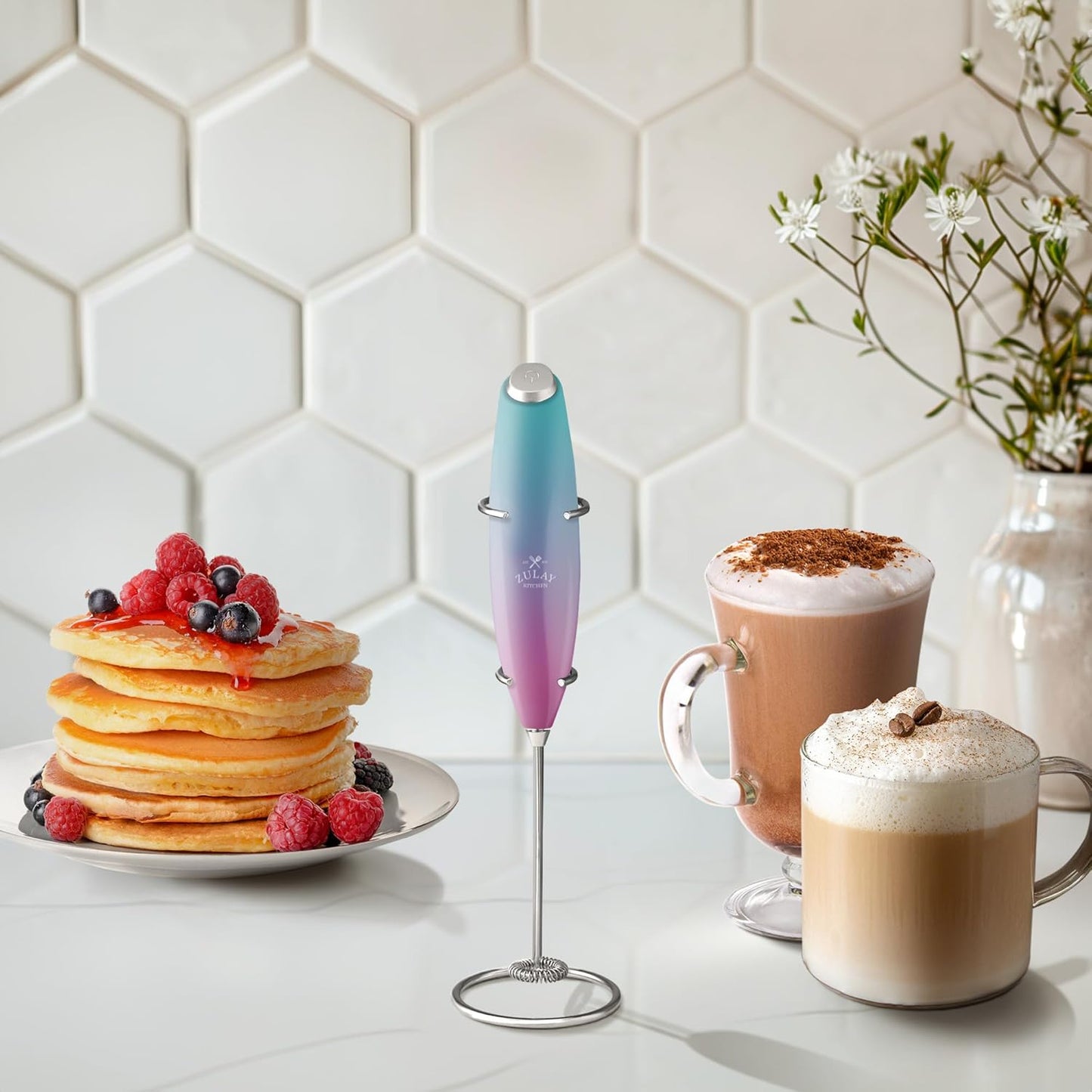 Zulay Kitchen Powerful Milk Frother Wand With Duracell Batteries - Ultra Fast Handheld Drink Mixer - Electric Whisk Foam Maker for Coffee, Lattes, Cappuccino & Matcha - Z1 Motor - Black - Colors A