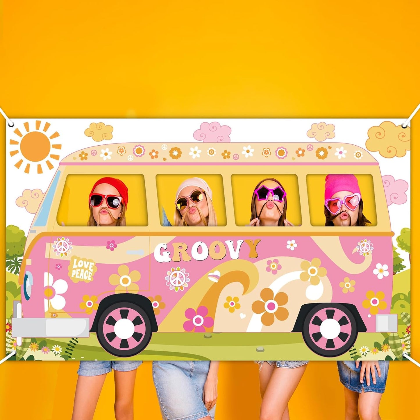 Hippie Bus Photo Prop Groovy Birthday Party Decorations Large Fabric Groovy Van Prop Hippie Selfie Frame Backdrop Background Banner Birthday Supplies Retro Daisy 60s 70s Party Favors 65.8 x 35.4 Inch