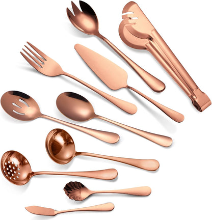 Stainless Steel Serving Utensil Set 10-Piece Buffet Flatware Catering Silverware with Bread Tong,Cake Spatula,Serving Ladles,Salad Fork,Cheese Knife,Large Spoon for Parties Buffet