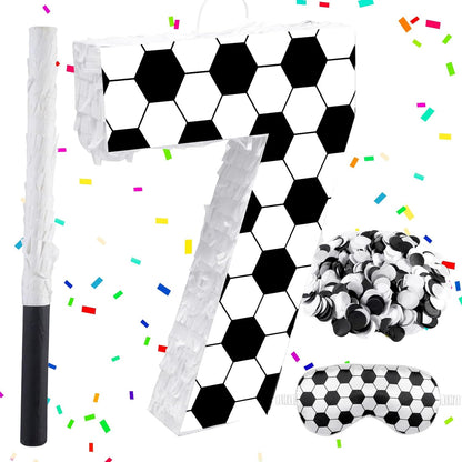 16Inch Soccer Ball Number 9 Piñata Includes Wooden Stick, Blindfold, and Confetti for for Kids 7th Anniversary Sport Themed Party Birthday Supplies