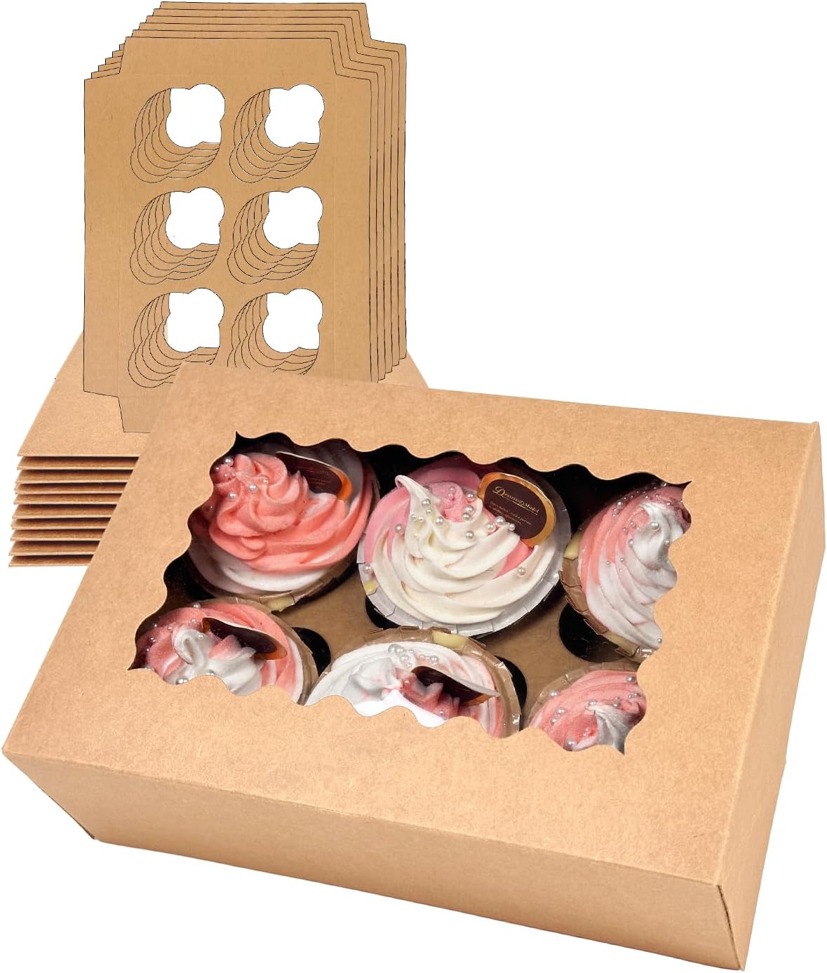 Bakepacker Auto-pop up 6 Cupcake Boxes with Window 20 Count Pink Box 9.4 x 6.1 x 3 inch Cupcake Carrier