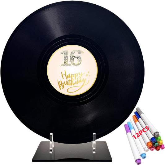 REEGII Vinyl Record Style Birthday Guest Book for Birthday Decorations - Large 11.6"x11.6" Sign-In Poster with 12 Pens | Unique Keepsake Gift for Birthday Party Decor (Happy Birthday, Golden, 11.6"L x 11.6"W)