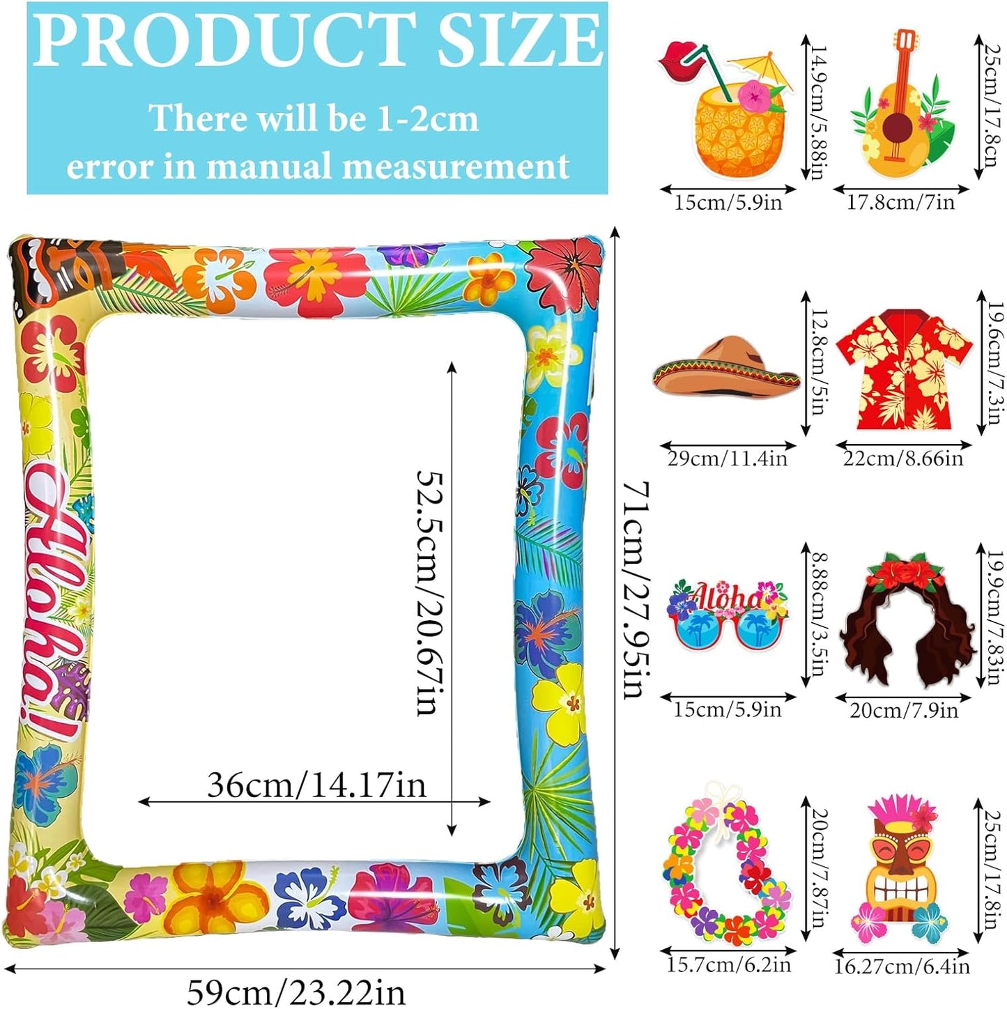 Hawaiian Party Photo Booth Props Kit, 30 PCS Luau Photo Booth Props with Large Inflatable Selfie Picture Frame for Hawaiian Tropical Tiki Summer Pool Party Supplies