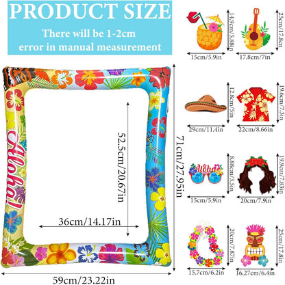 Hawaiian Party Photo Booth Props Kit, 30 PCS Luau Photo Booth Props with Large Inflatable Selfie Picture Frame for Hawaiian Tropical Tiki Summer Pool Party Supplies