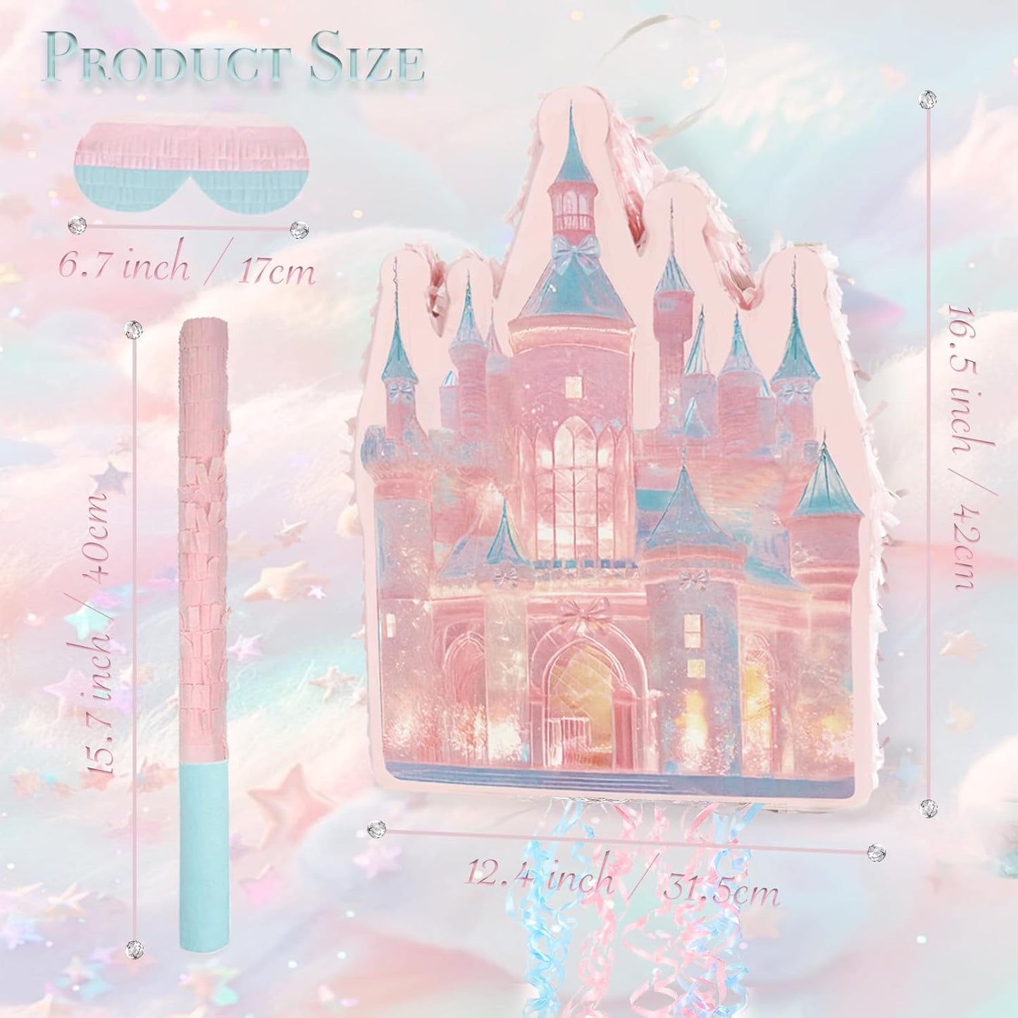 Princess Castle Pinata Set - Coquette Pink Castle Pull String Piñata with Blindfold and Stick for Girls Princess Themed Birthday Party Decorations, Winter Fairy Piñata (16.5 x12.4'')