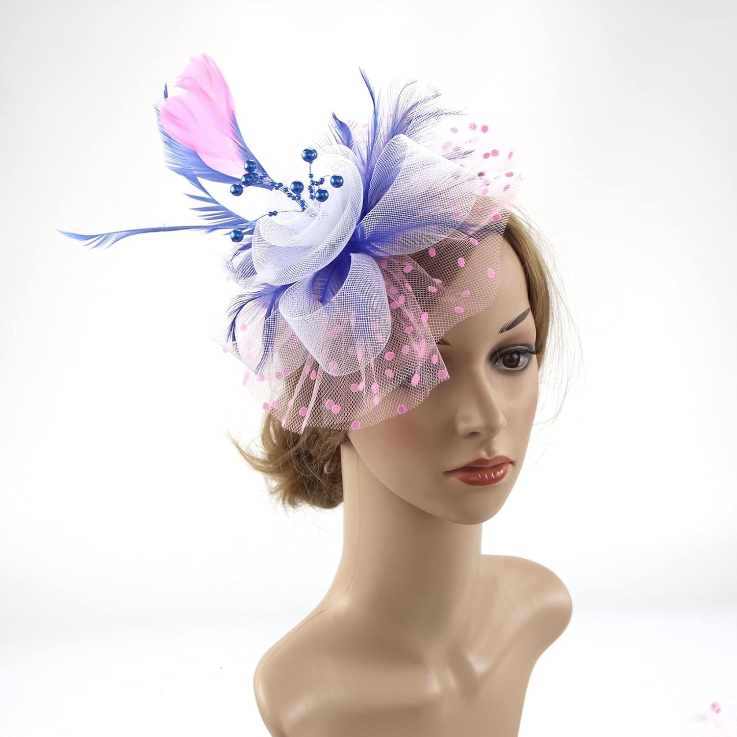 DRESHOW Fascinators Hat Flower Mesh Ribbons Feathers on a Headband and a Clip Tea Party Headwear for Girls and Women - Colors B