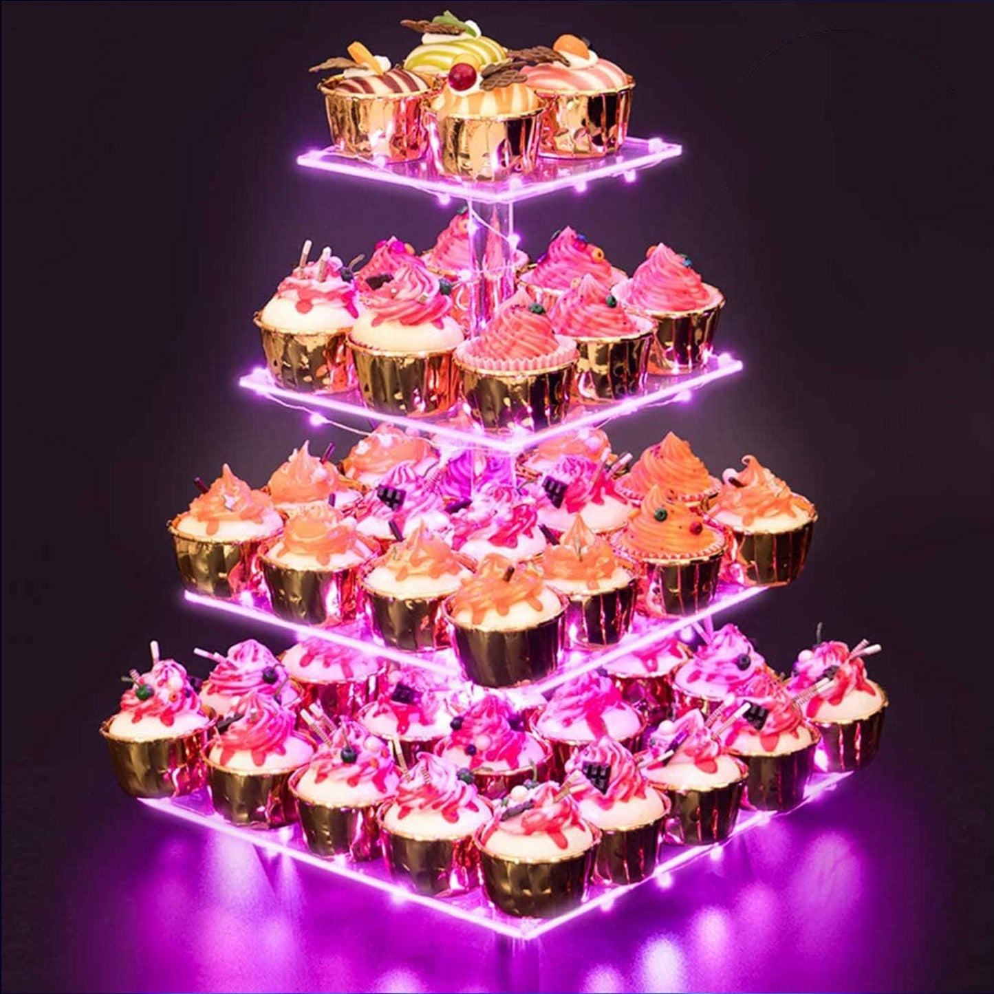 YestBuy Cupcake Stand with Yellow Led Lights, 4 Tier Cupcake Stand for 50 Cupcakes, Acrylic Cupcake Tower Stand, Clear Tiered Cupcake Holder for Birthday Cady Bar Décor Weddings, Parties Events