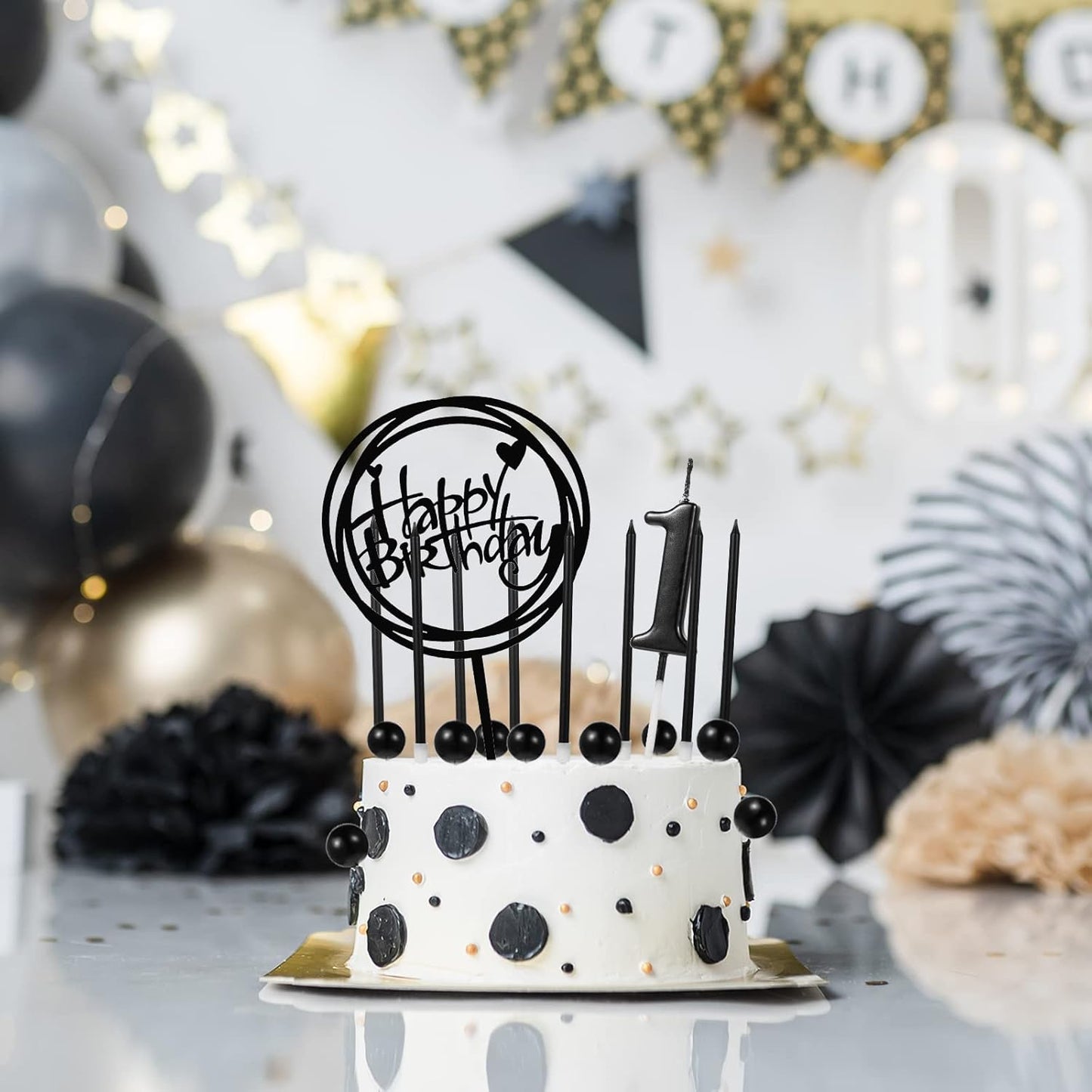 Yerliker 34 Pcs Happy Birthday Cake Toppers Decorations Birthday Candles DIY Cake Decor for Men Women Wedding Anniversary(Gold)