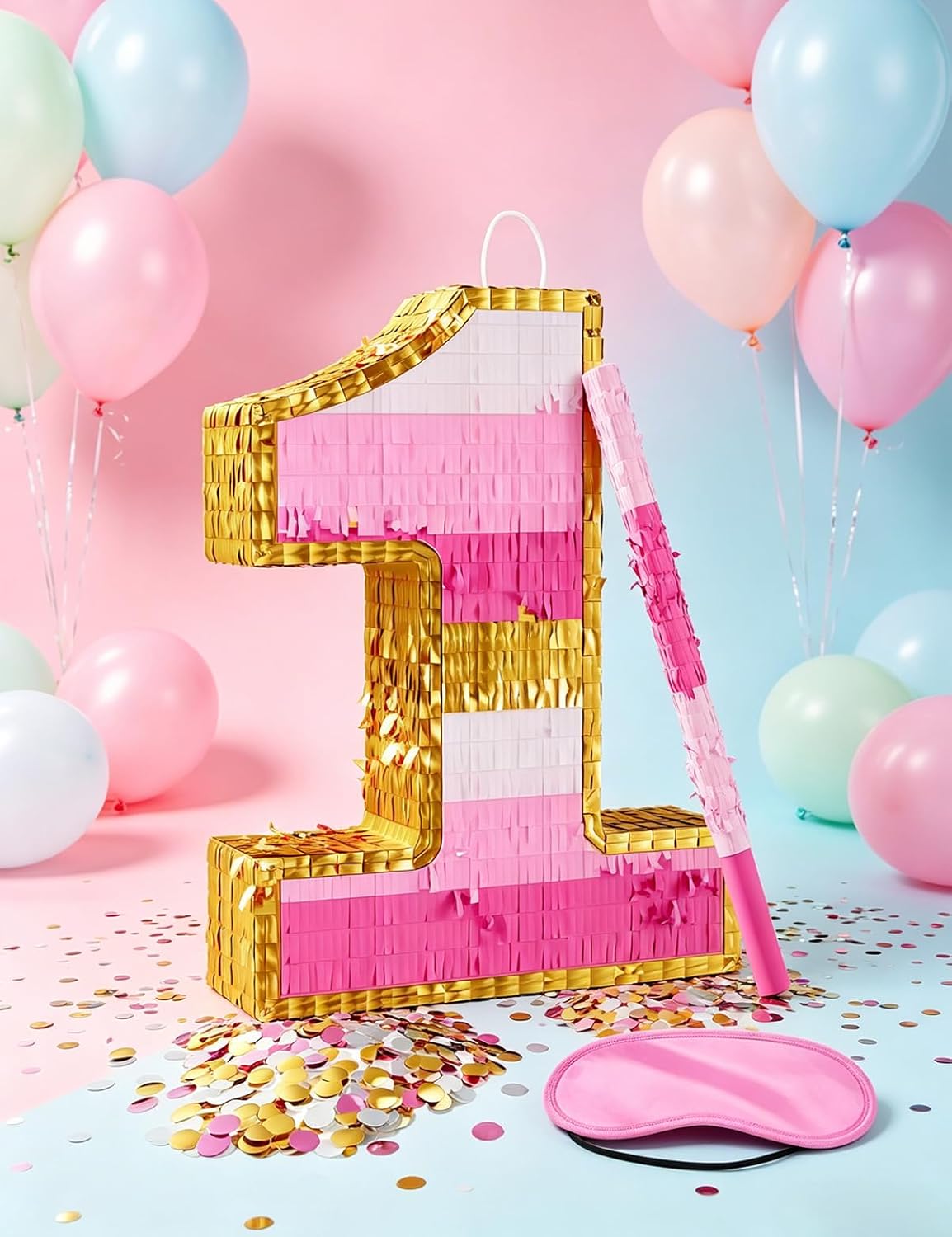 Number 5 Piñata with Stick, Blindfold & Confetti-Pink Piñata for Birthday Parties, Complete Party Game Set for Kids Girls-Gradient Pink Birthday Decor with Fillable Design(Small, 16.5 x 11.5 x 3 In)