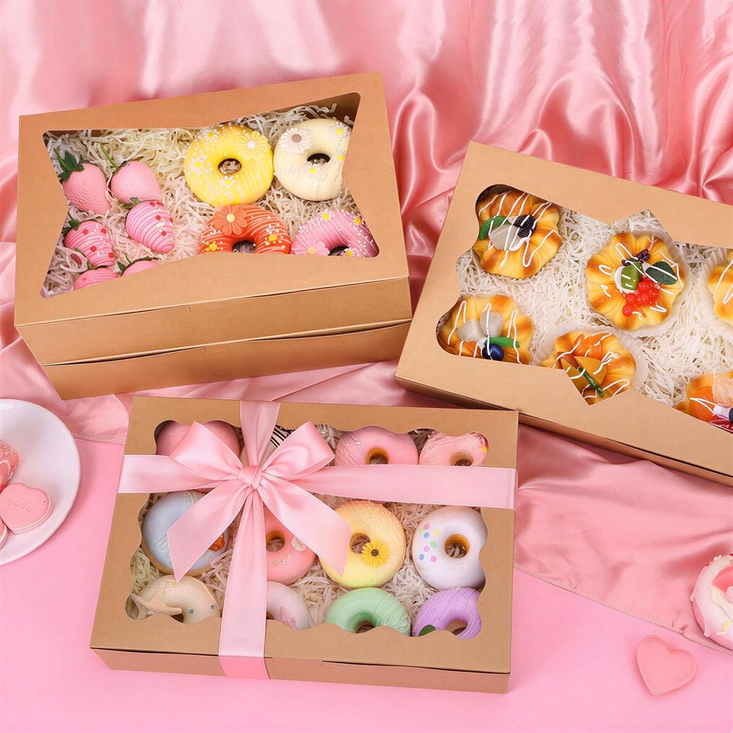 TOMNK 7pcs Cookie Boxes, 12x8x2.5 Inches White Bakery Boxes with 3 Style Window for Chocolate Covered Strawberries, Treats, Breakable Heart, Pastries, Desserts and Cake Pops