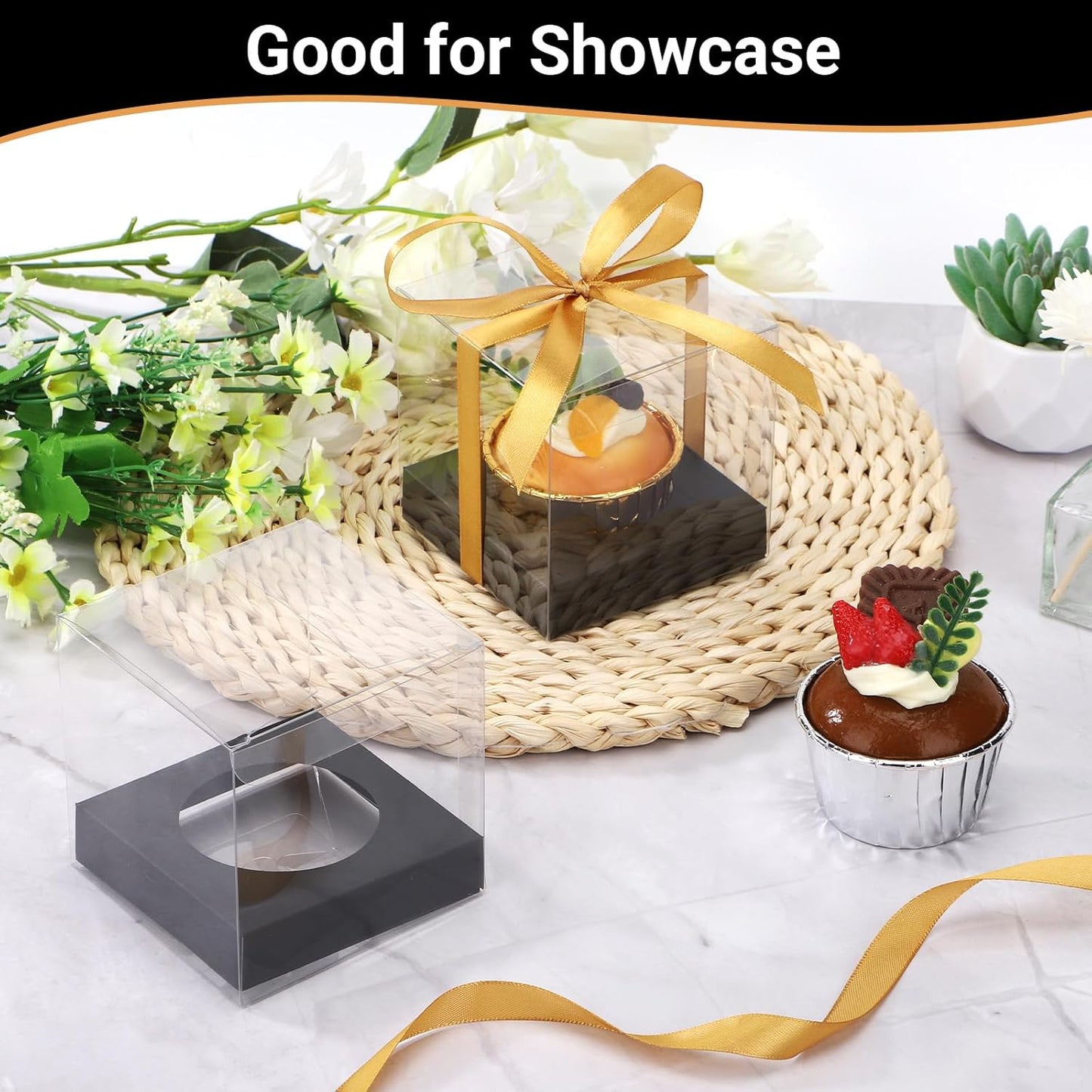 EUSOAR Individual Cupcake Holder, 50pcs 3.5 Inch Plastic Black Cupcake Containers with Lids, Single Transparent Display Clear Cupcake Carrier with Ribbon and Inserts for Wedding Party Favor