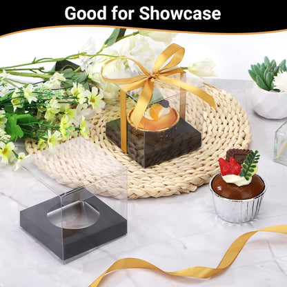 EUSOAR Individual Cupcake Holder, 50pcs 3.5 Inch Plastic Black Cupcake Containers with Lids, Single Transparent Display Clear Cupcake Carrier with Ribbon and Inserts for Wedding Party Favor