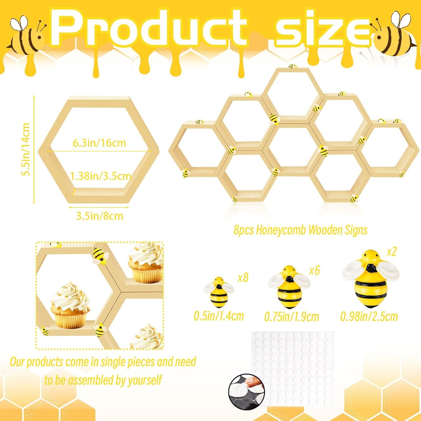 8 Pcs 4.13 Inch Honeycomb Cupcake Stand Cake Farmhouse Hexagon Display Holder Hexagonal Wood Cupcake Stand Floating Table Sign with Wooden Bee for Wedding Baby Shower Birthday Party Table Decorations