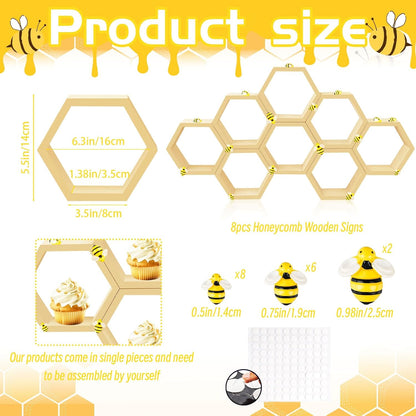 8 Pcs 4.13 Inch Honeycomb Cupcake Stand Cake Farmhouse Hexagon Display Holder Hexagonal Wood Cupcake Stand Floating Table Sign with Wooden Bee for Wedding Baby Shower Birthday Party Table Decorations