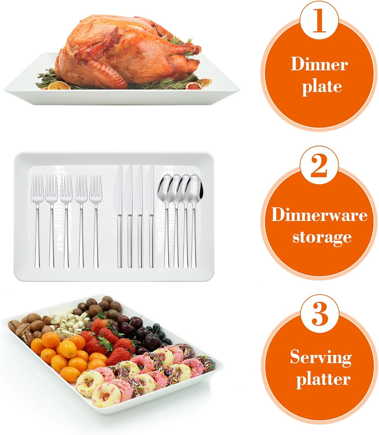 Serving Tray Platter, 4 Pack Food Tray for Veggie Fruit Snack Dessert Cookie Cheese, Food Trays for Party Supplies Display, Plastic Platters for Serving Food, Large White Trays, BPA Free