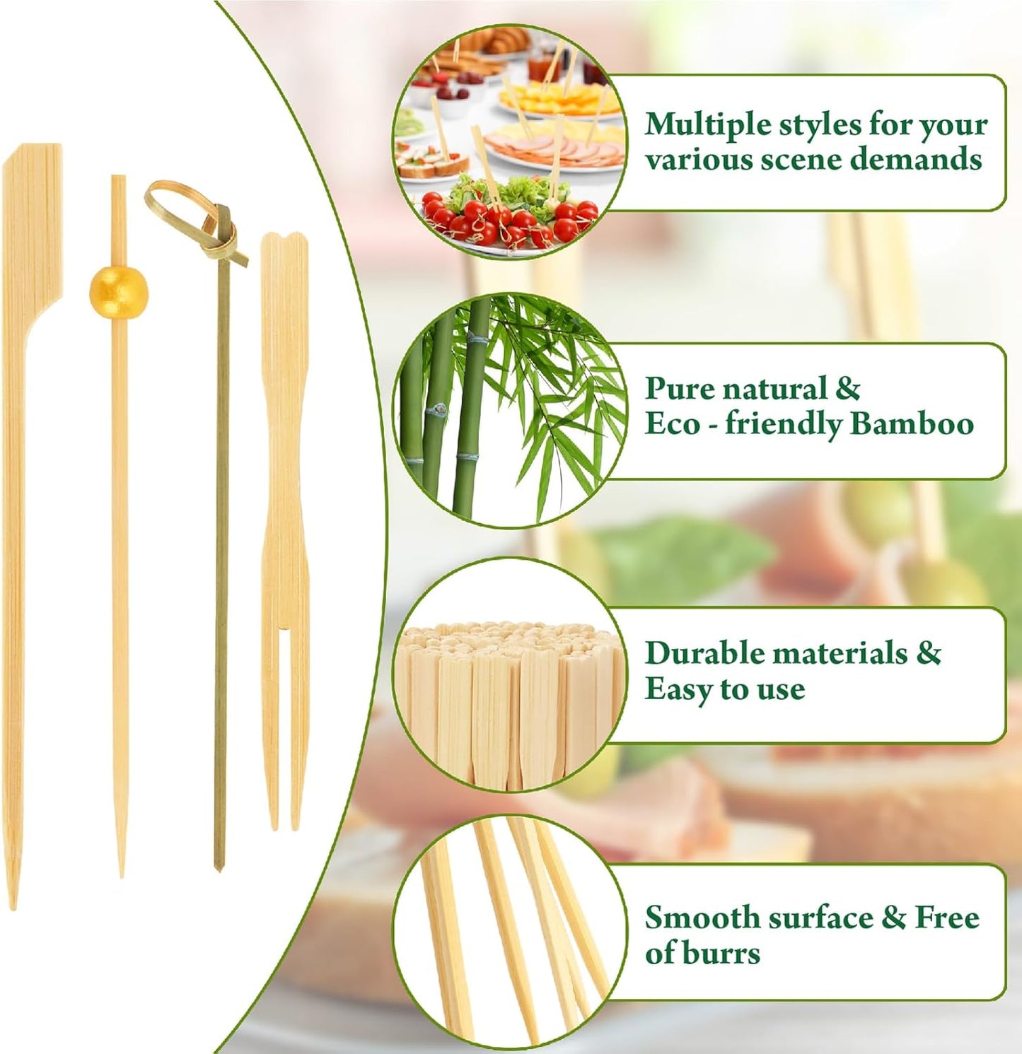 500PCS Cocktail Picks Kit, 4 Styles Fancy Toothpicks for Appetizers, 3 Sizes Long Bamboo Skewers, Decorative Wooden Cocktail Sticks for Party Supplies Food Drinks Fruit Charcuterie Boards Accessories