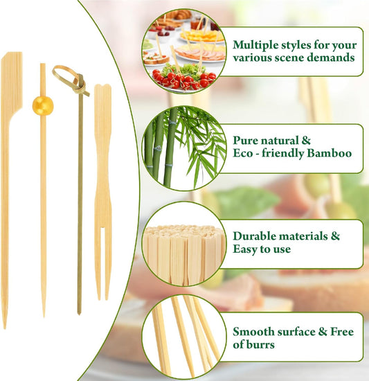 500PCS Cocktail Picks Kit, 4 Styles Fancy Toothpicks for Appetizers, 3 Sizes Long Bamboo Skewers, Decorative Wooden Cocktail Sticks for Party Supplies Food Drinks Fruit Charcuterie Boards Accessories