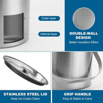 Portable Ice Buckets for Parties,3 Liter Double Wall Ice Bucket with Lid,Scoop,Tongs,Handle,Stainless Steel Ice Container to Keep Ice Frozen Longer- Ideal for Cocktail Bar,Camping,Chilling Beer/Wine