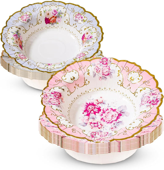Talking Tables 12 x Vintage Floral Paper Bowls for Birthdays, Mother's Day, Pretty Bowls for Afternoon Tea Party Decorations, Baby Shower, Wedding, and Bridgerton Themed Parties - 8" Diameter