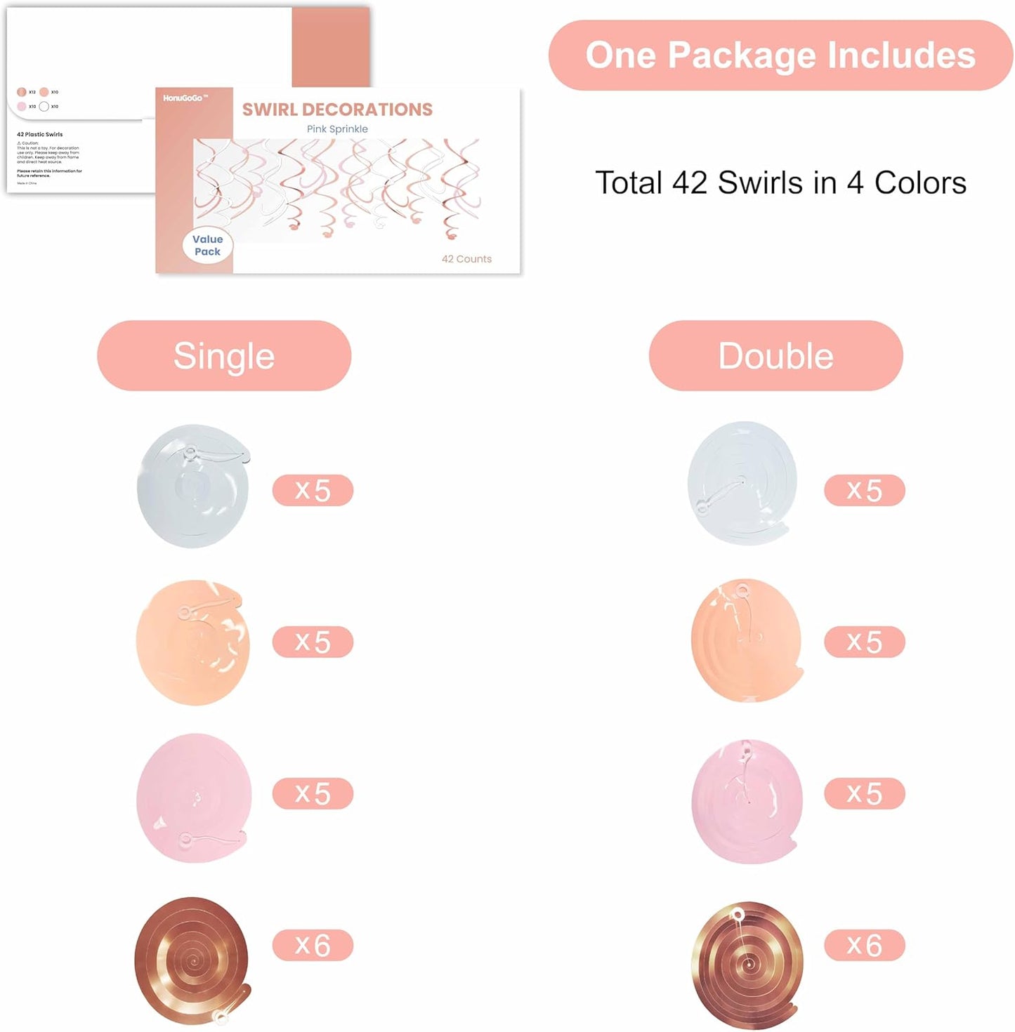HonuGoGo Pink Hanging Swirl Decorations for Party – 42PCS Rose Gold Foil Ceiling Streamers with Hooks for Birthday, Bridal Shower, Bachelorette, Holiday Celebrations
