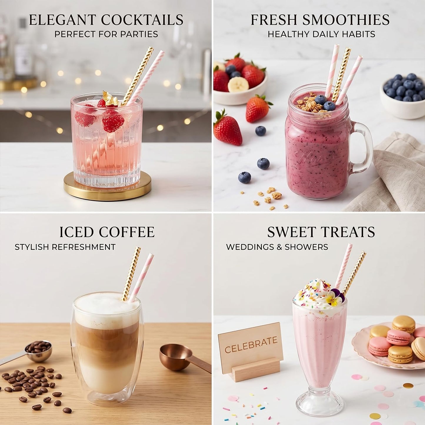ALINK Biodegradable Paper Straws, 100 Pink and Gold Straws for Party Supplies, Birthday, Wedding, Bridal/Baby Shower, Christmas Decorations and Holiday Celebrations