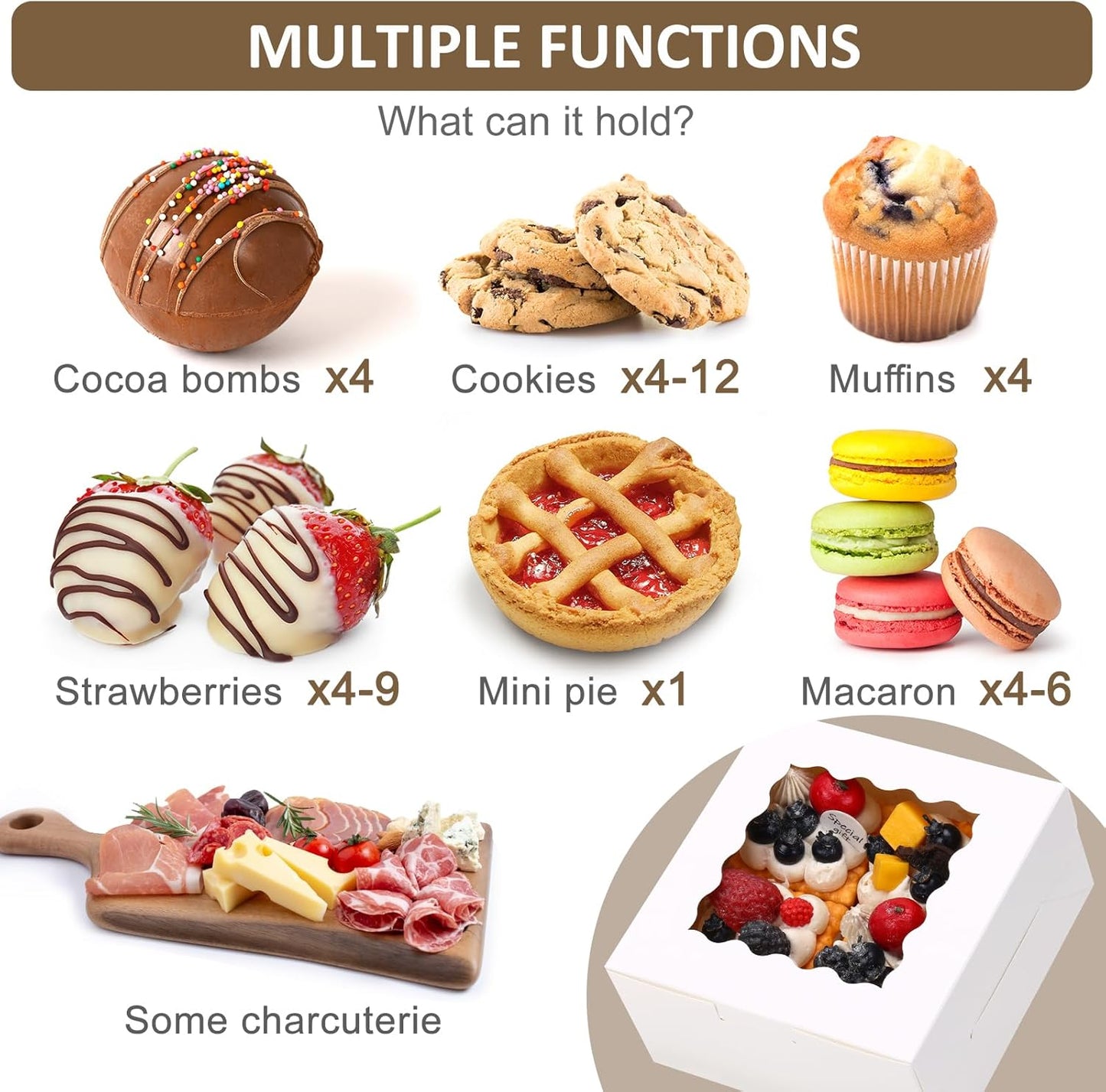 Moretoes 30pcs White Cookie Boxes with Window, 6x6x3 Inches, Bakery Boxes for Cookies, Pastry,Strawberries, Small Pie, Macarons