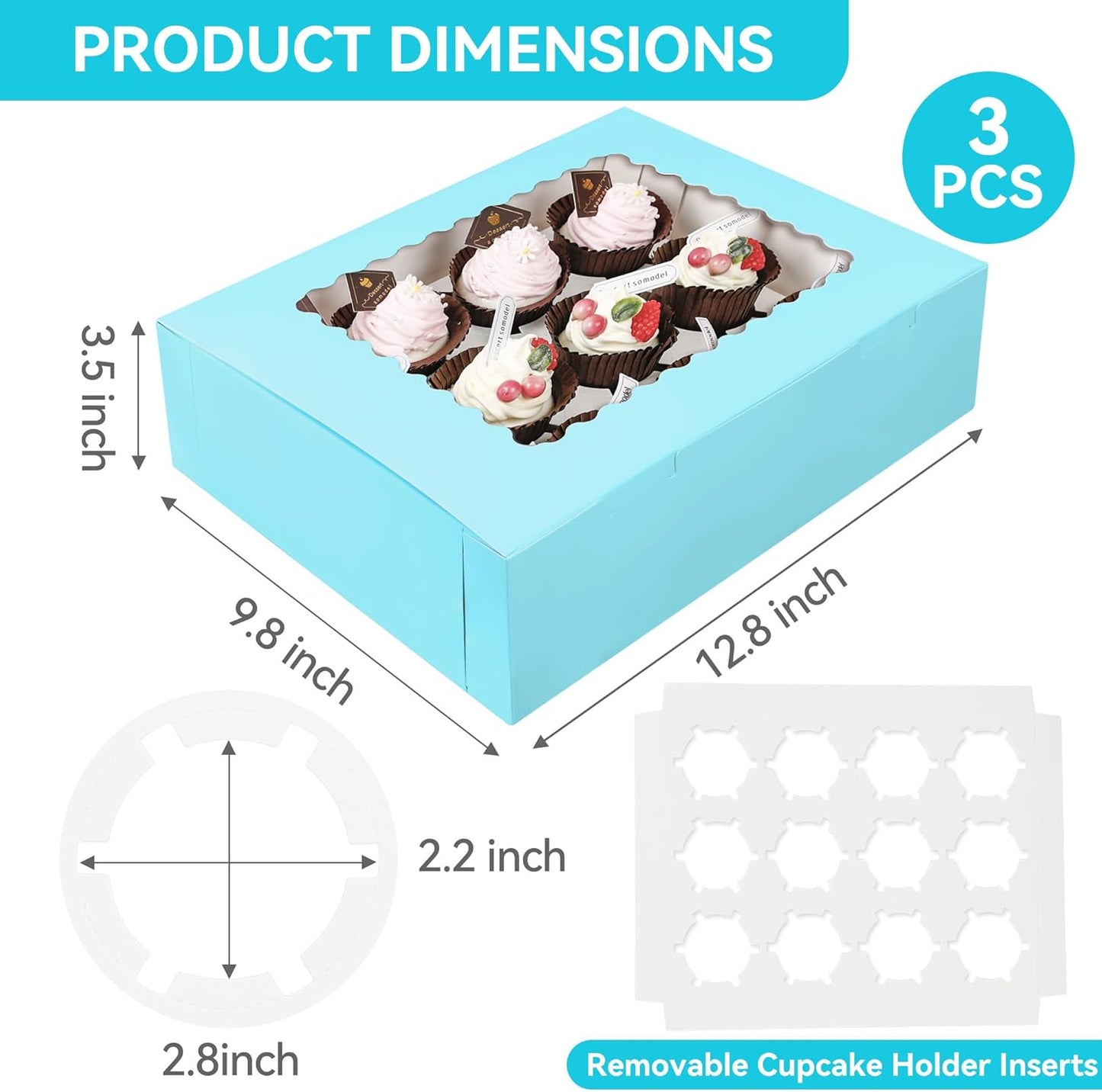 3-Set Cupcake Boxes Bulk with Clear Display Window Hold 12 Standard Cupcakes, Disposable Food Grade White Cupcake Carrier Cupcake Container, Perfect for Cupcakes Muffins Cookies Pastries