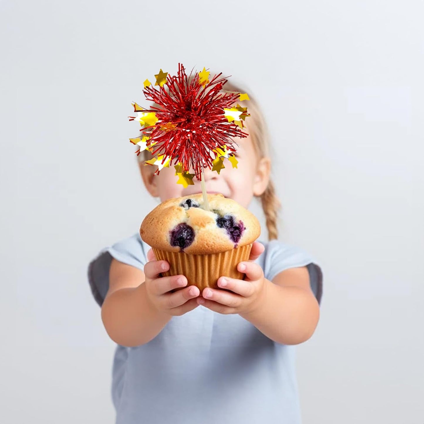 Ephlyn 30Pcs Foil Firework Cupcake Toppers Sparkle Tinsel Cupcake Picks Drink Stirrers Cocktail Food Fruit Toothpicks for Baby Shower Graduation Party Supplies White