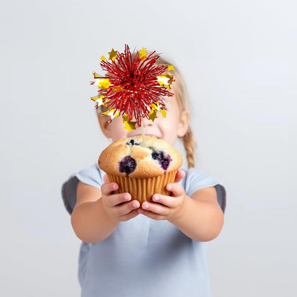 Ephlyn 30Pcs Foil Firework Cupcake Toppers Sparkle Tinsel Cupcake Picks Drink Stirrers Cocktail Food Fruit Toothpicks for Baby Shower Graduation Party Supplies White