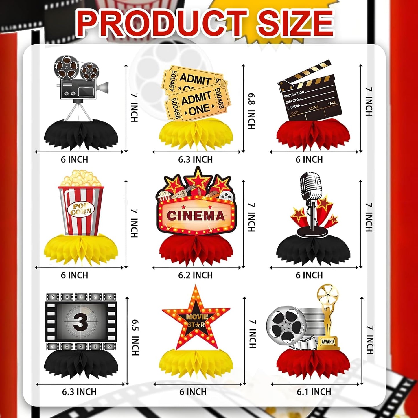 9Pcs Movie Night Party Honeycomb Centerpieces Decorations, 3D Movie Theme Birthday Table Topper, Hollywood Party Decor