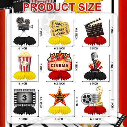 9Pcs Movie Night Party Honeycomb Centerpieces Decorations, 3D Movie Theme Birthday Table Topper, Hollywood Party Decor