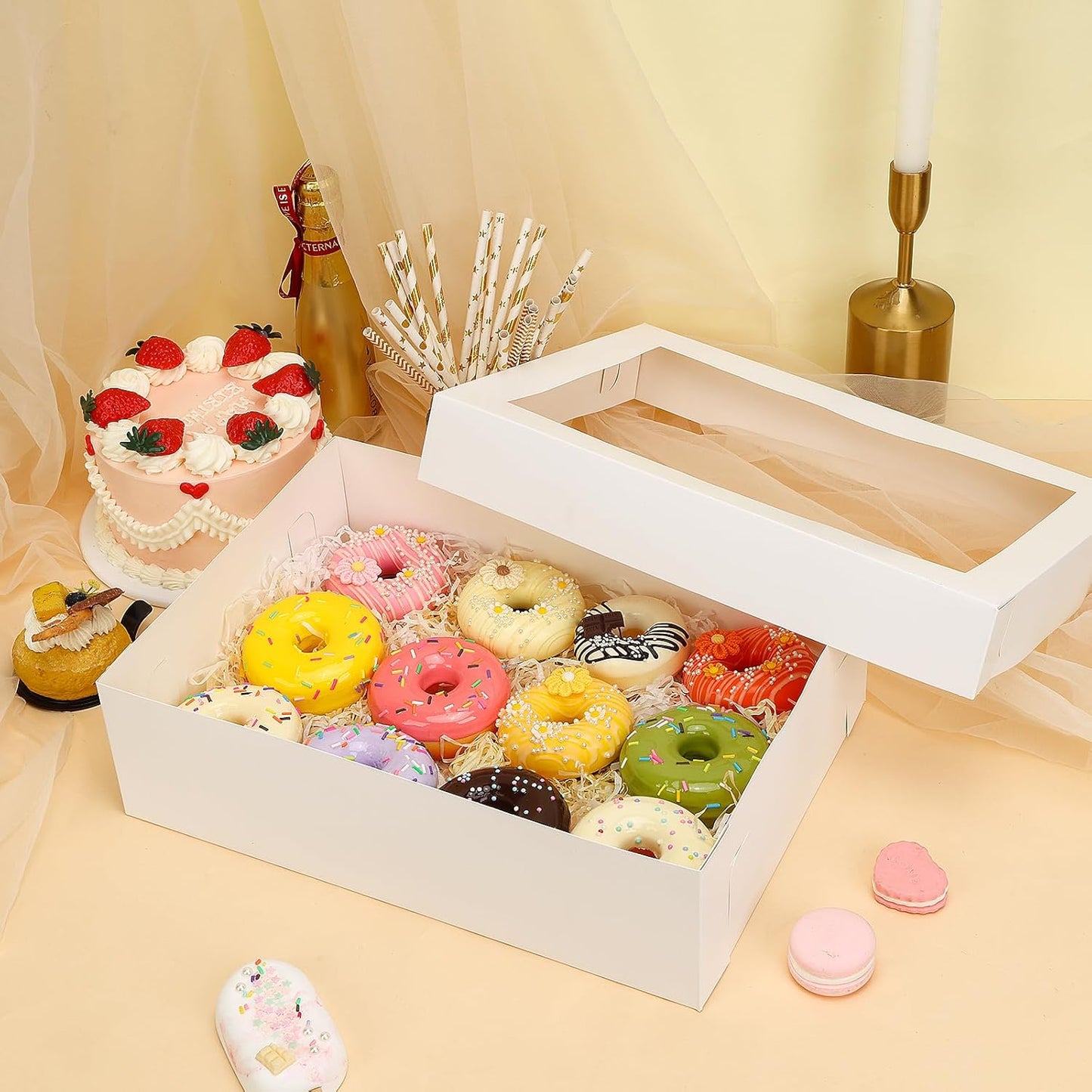 Moretoes 20pcs 14x10x4in Sheet Cake Boxes, White Rectangle Quarter Bakery Boxes with Window, for Cake Pastry Baking Donuts Cupcake Pie Packaging