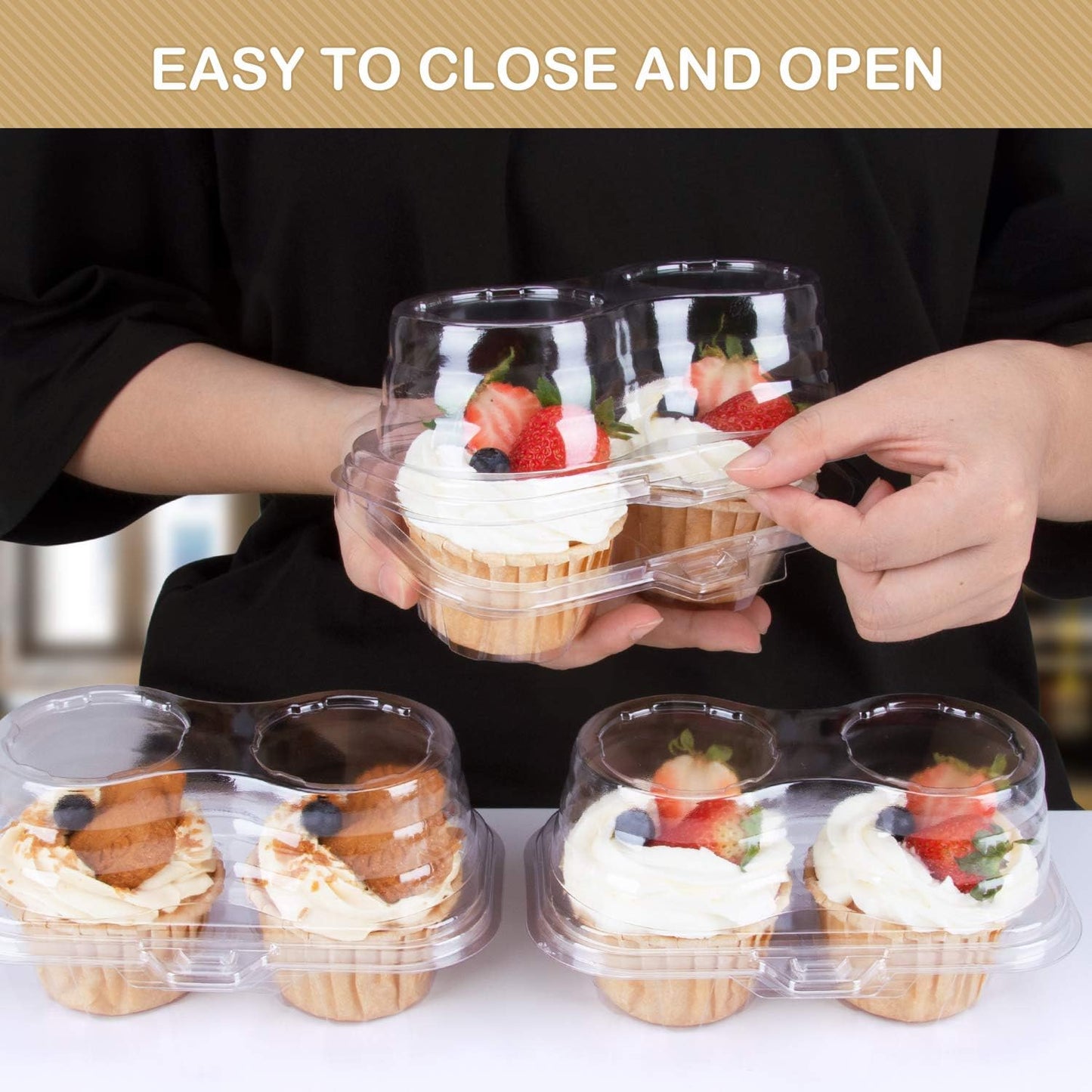 2 Cavity Cupcake Boxes-Stackable Regular Cupcake Carrier Holder, Thicker Clear Cupcake Boxes, Non-slip High Topping Cupcake Containers for Cupcakes, Muffins (50)