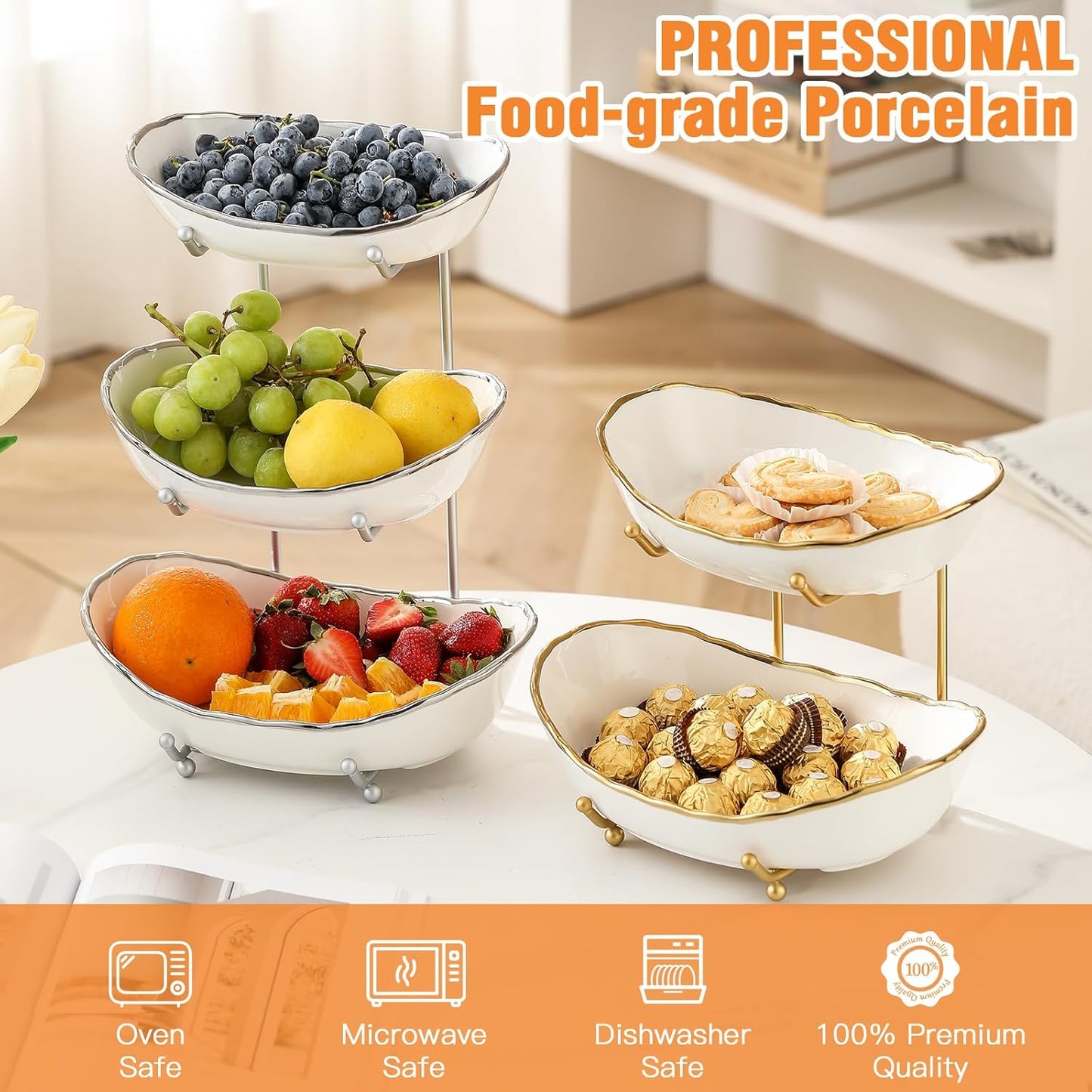 Ceramic Fruit Bowl for Kitchen Counter - 3 Tier Fruit Basket with Metal Stand, Tiered Fruit Stand for Countertop, Snack, Nuts, Cake, Dessert, Cute (Gold, Small) 1