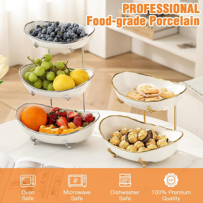 Ceramic Fruit Bowl for Kitchen Counter - 3 Tier Fruit Basket with Metal Stand, Tiered Fruit Stand for Countertop, Snack, Nuts, Cake, Dessert, Cute (Gold, Small) 1