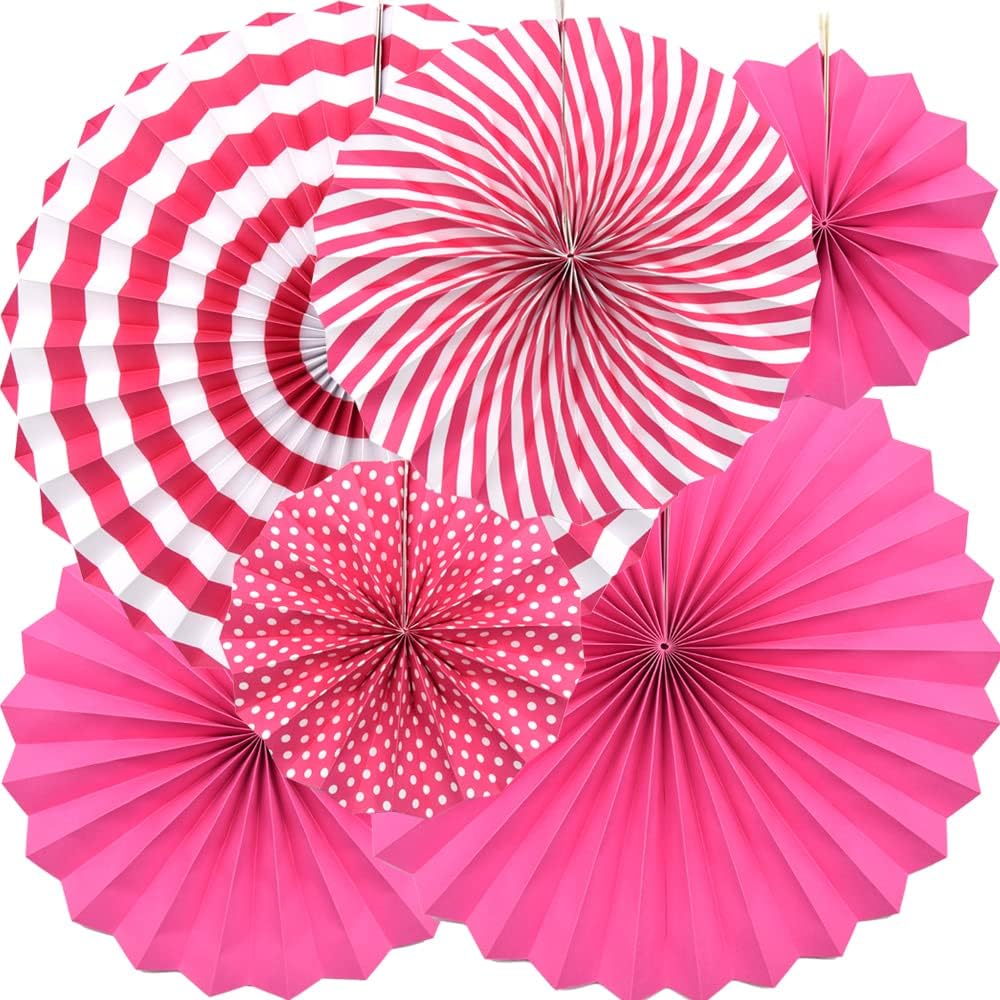 Hocansen 6PCS Paper Fan Garland Paper Fans Party Decorations 8/12/16in Hanging Papers Fans Set Round Papers Fans Pattern Garland for Birthday, Wedding (ZS/Pink)