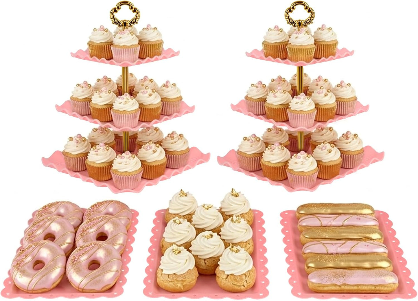 NWK 5 Piece Cake Stand Set with 2 x Large 3-Tier Cupcake Stands, 3 x Appetizer Trays, for Wedding Birthday Baby Shower Tea Party Decorations (White)