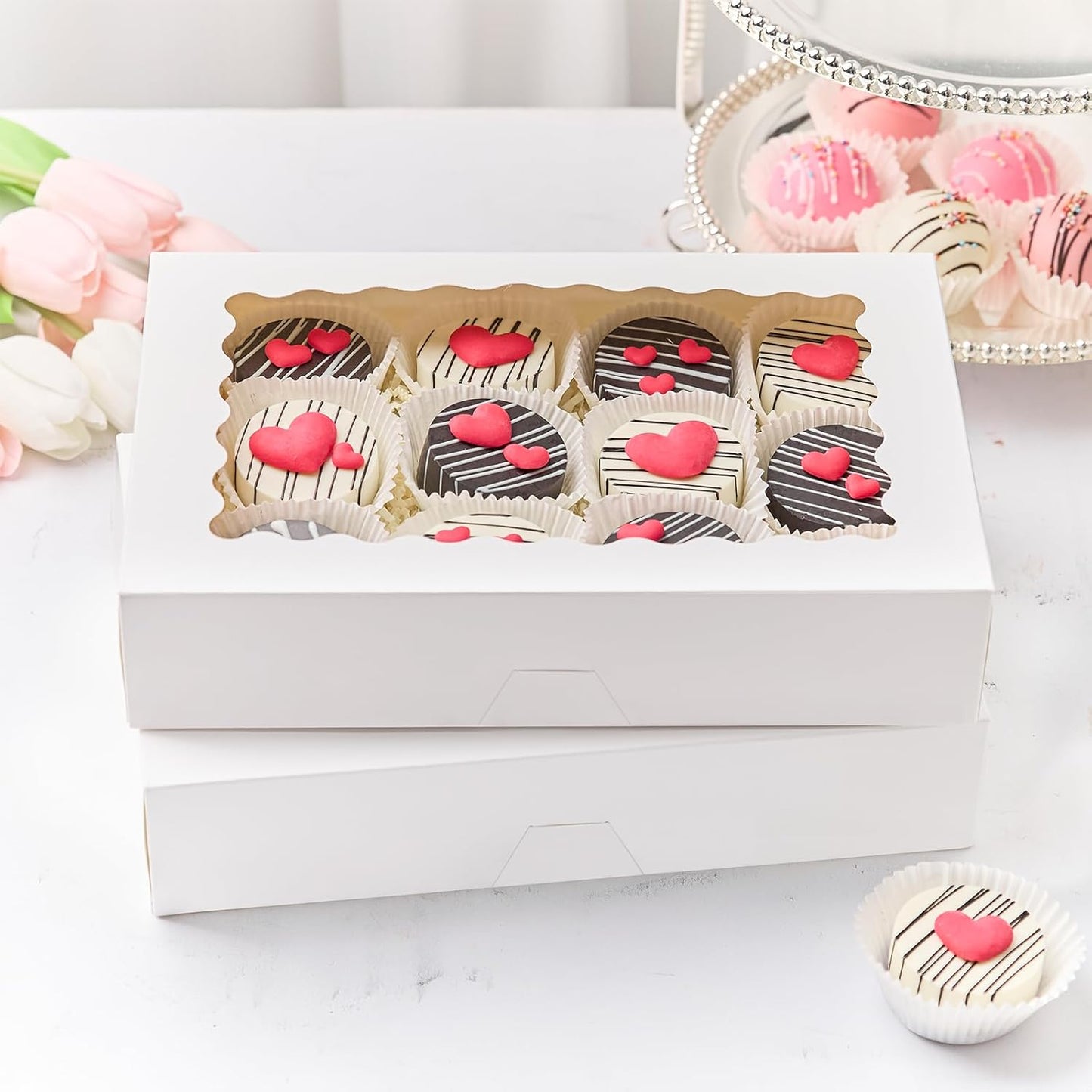 Kucoele 20 PCS Bakery Boxes with Window, 12 x 8 x 2.5 Inches Pastry Boxes Auto-Popup Treat Boxes for Chocolate Covered Strawberries, Cookies, Muffins, Donuts, Breakable Hearts
