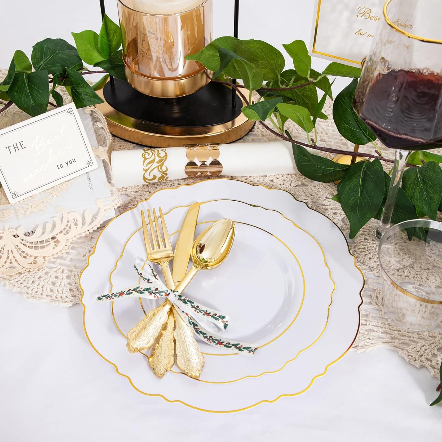350 Pieces Black and Gold Plastic Plates with Disposable Silverware, Include 50 Dinner Plates 9”, 50 Dessert Plates 6.3”, 50 Black Cups 9 OZ, 50 Pre Rolled Napkins for Wedding Party Graduation