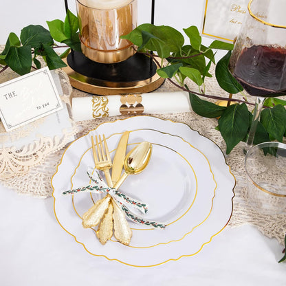 350 Pieces Black and Gold Plastic Plates with Disposable Silverware, Include 50 Dinner Plates 9”, 50 Dessert Plates 6.3”, 50 Black Cups 9 OZ, 50 Pre Rolled Napkins for Wedding Party Graduation