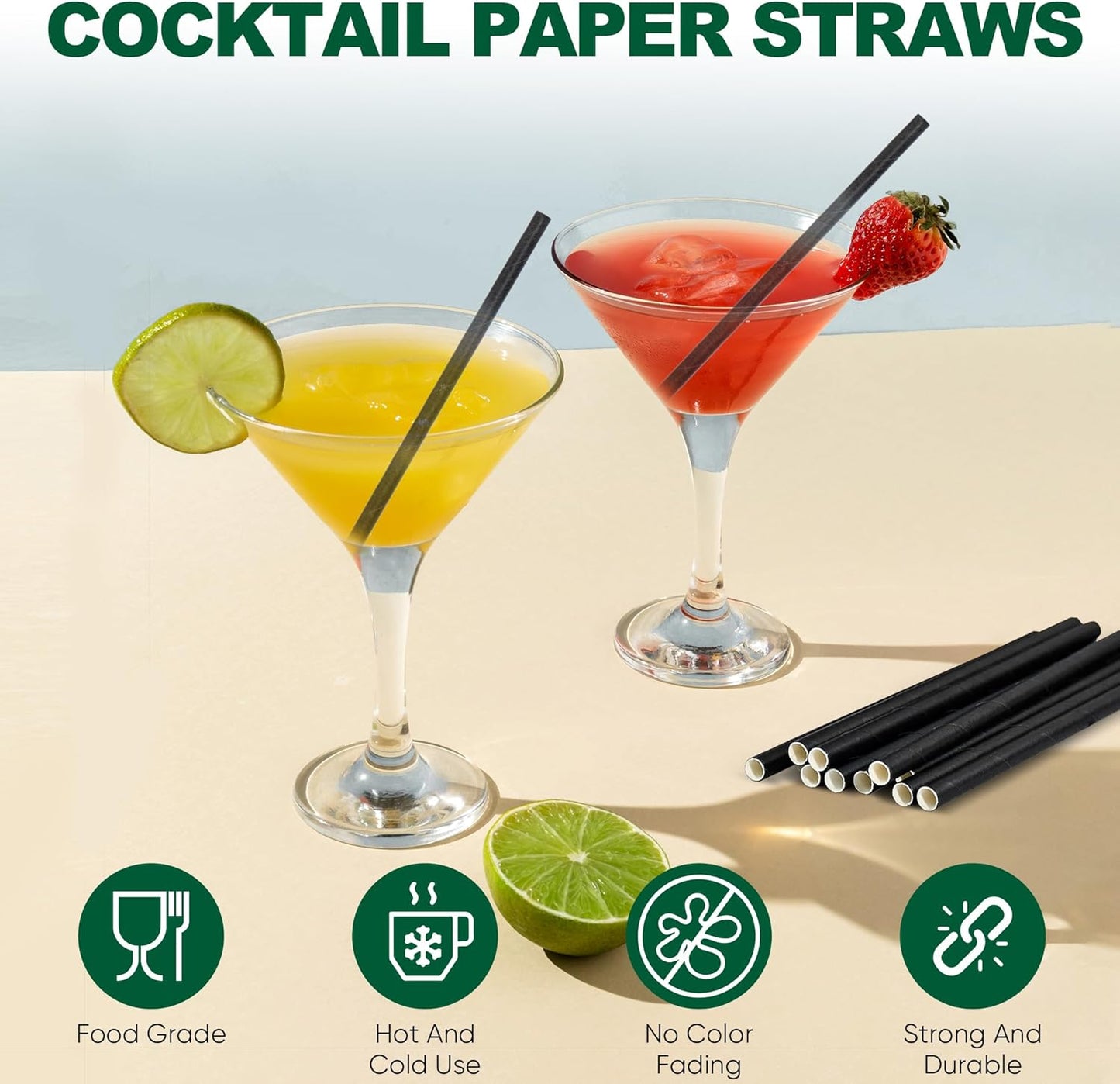 Black Paper Straws, Solid black/250 Bulk, Biodegradable Paper Drinking Straws for Cocktail, Drinks, Bars and Restaurant, 7.75"x0.24"