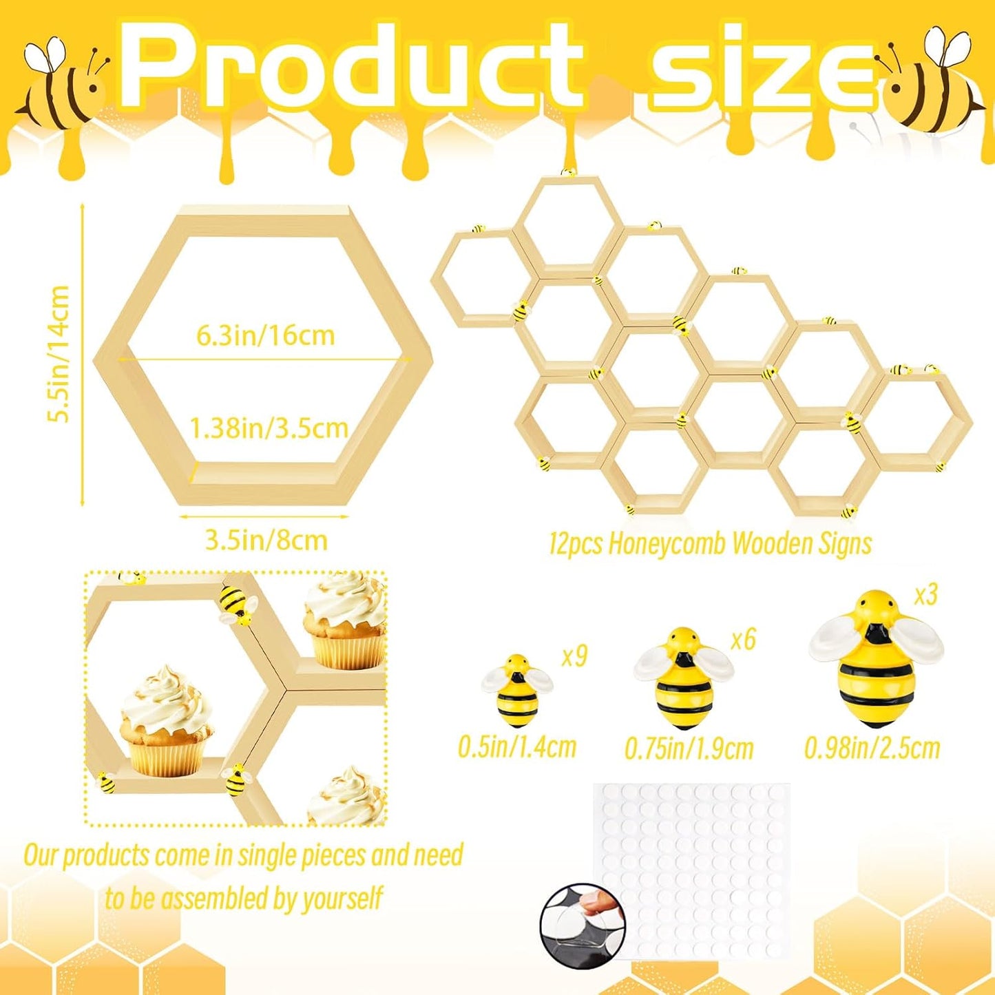 8 Pcs 4.13 Inch Honeycomb Cupcake Stand Cake Farmhouse Hexagon Display Holder Hexagonal Wood Cupcake Stand Floating Table Sign with Wooden Bee for Wedding Baby Shower Birthday Party Table Decorations