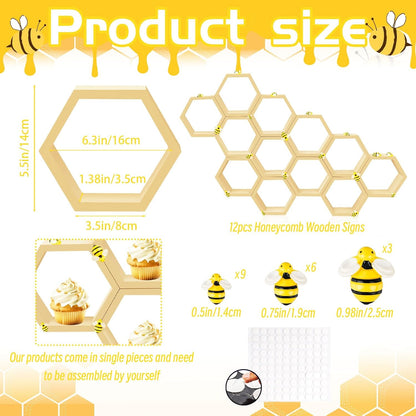 8 Pcs 4.13 Inch Honeycomb Cupcake Stand Cake Farmhouse Hexagon Display Holder Hexagonal Wood Cupcake Stand Floating Table Sign with Wooden Bee for Wedding Baby Shower Birthday Party Table Decorations