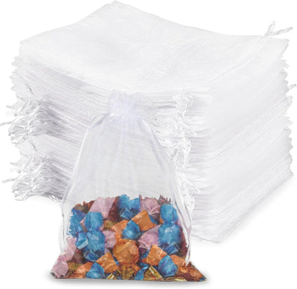 Sukh 100pcs Organza Bags 5''x7'' - White Sheer Mesh Drawstring Bags for Jewelry, Soap, Fruits, Candy, Small Gift Bags for Weddings, Valentine's Day, Mother's Day, Halloween, Thanksgiving, Christmas