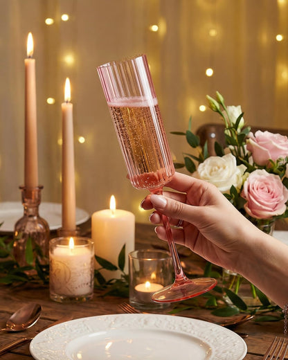 Ciaell 24 Pack Plastic Champagne Flutes - 6oz Ribbed Disposable Champagne Glasses - Clear Vintage Mimosa Glasses with Long Stem, Elegant for Weddings, Birthdays, Party