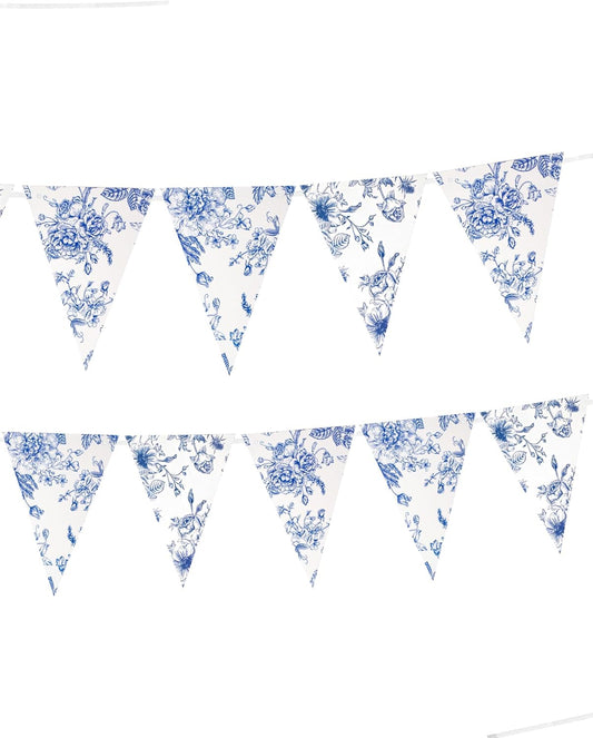Pre-Strung Floral Pennant Garland - Ready to Use Vintage Blue White Flower Triangle Banner for Weddings, Bridal Showers & Home Decor - 5PCS, 45 Flags, 41FT